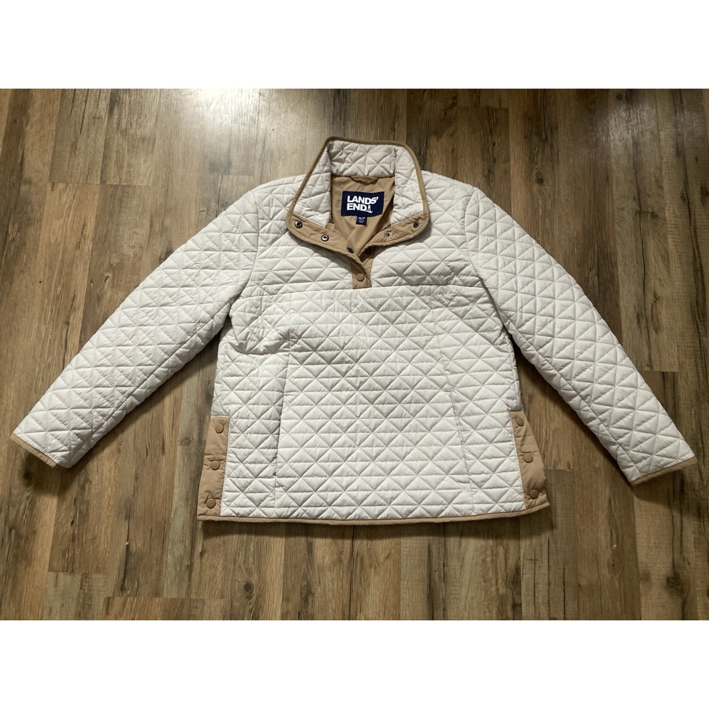 Lands' End Quilted Puffer Jacket Women's Medium Beige Pullover Snap Coat Warm